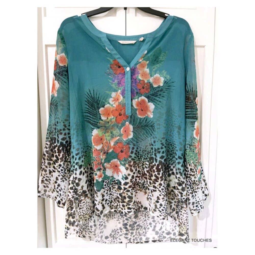 Soft Surroundings Tunic Top M Floral Teal Womens Sheer Flowy Artsy Cottage Core